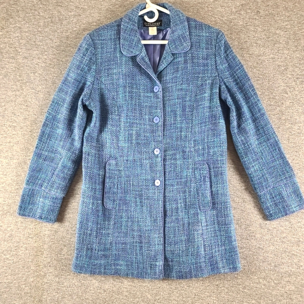 Dialogue Women's 14 Linen Blend Tweed Jacket Coat Blue